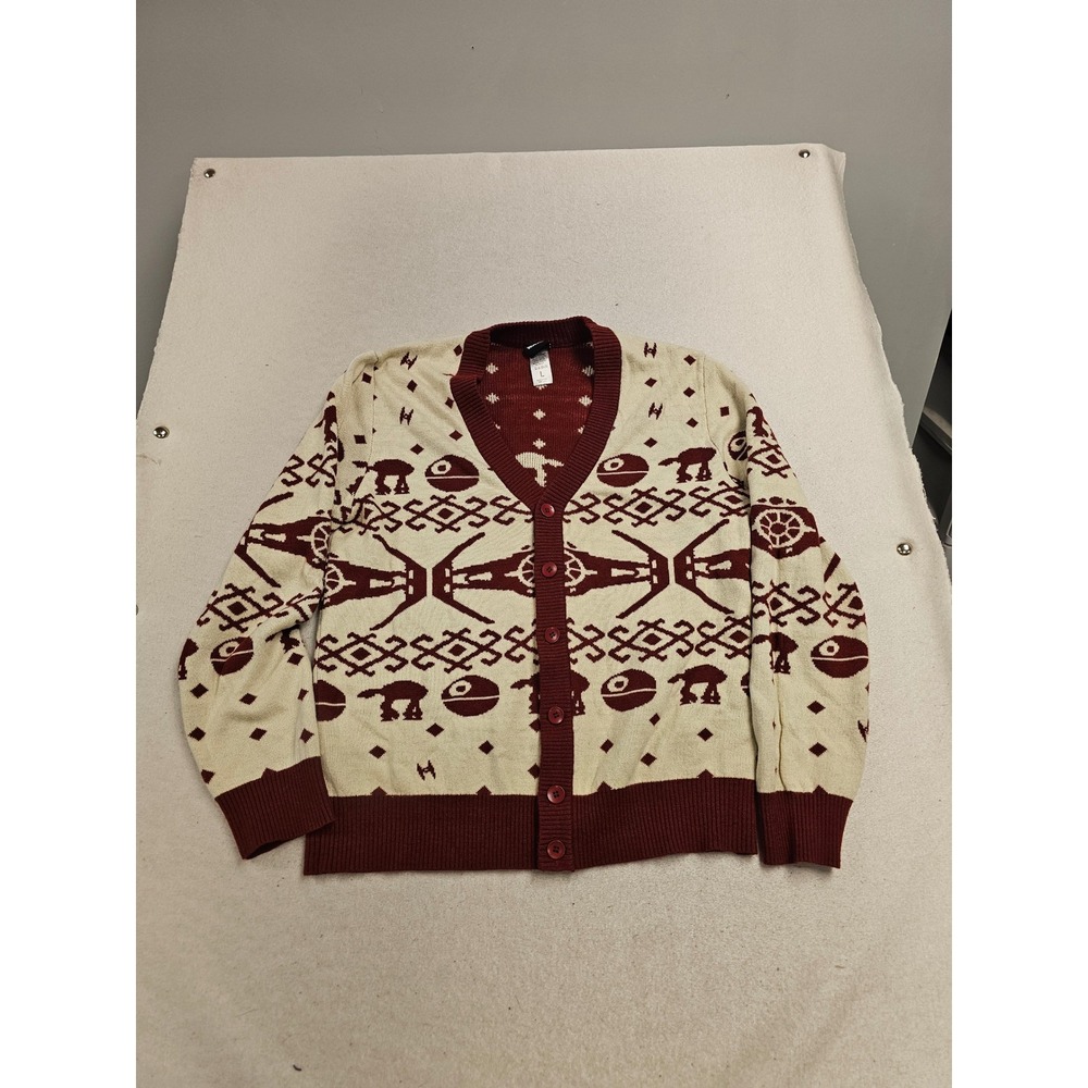 Star Wars Death Star AT-AT Fair Isle Cardigan Sweater Burgundy Cream Mens Large